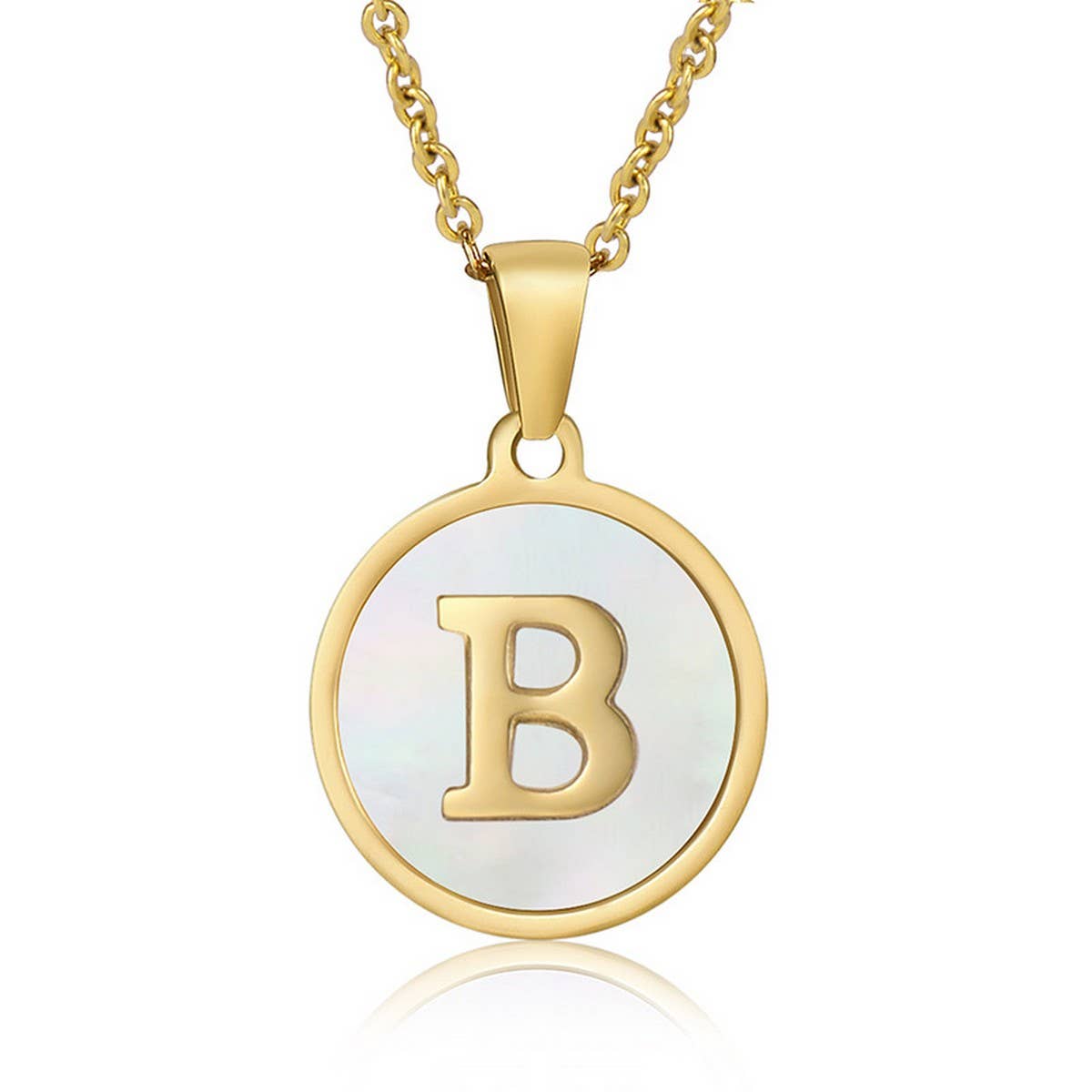 Cwaje1934_Round Stainless Steel White Shell Letter Necklace