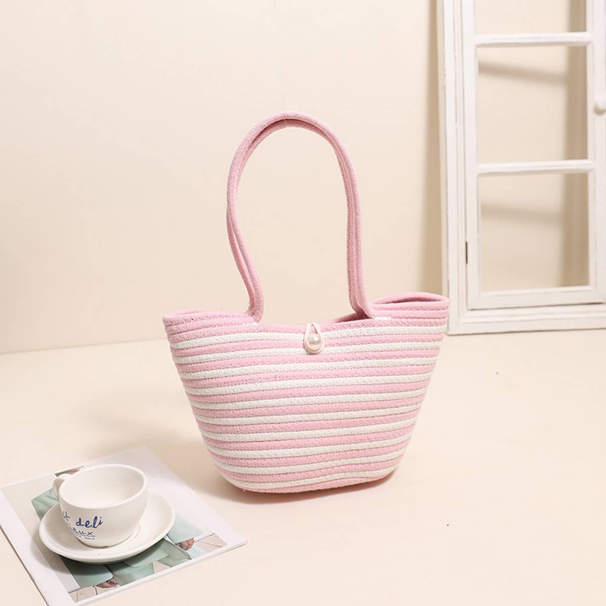 LARGE CAPACITY STRIPED SHOULDER BAG STRAW BAG_CWAB1882