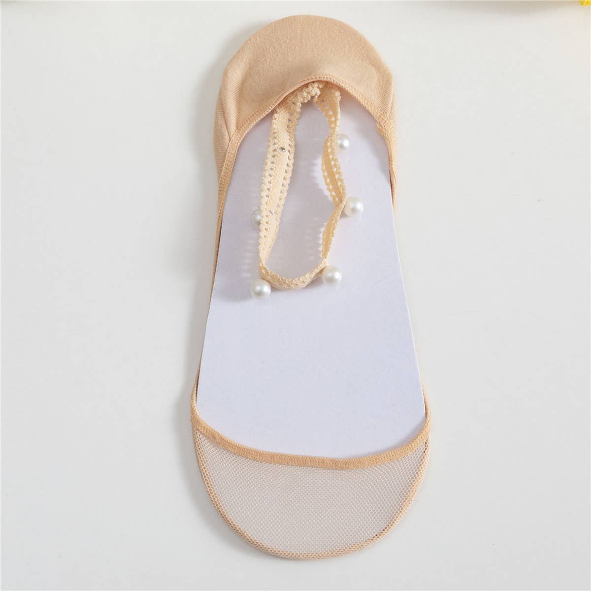 Women Pearl Lace Solid Color Invisible Socks_Cwms0495