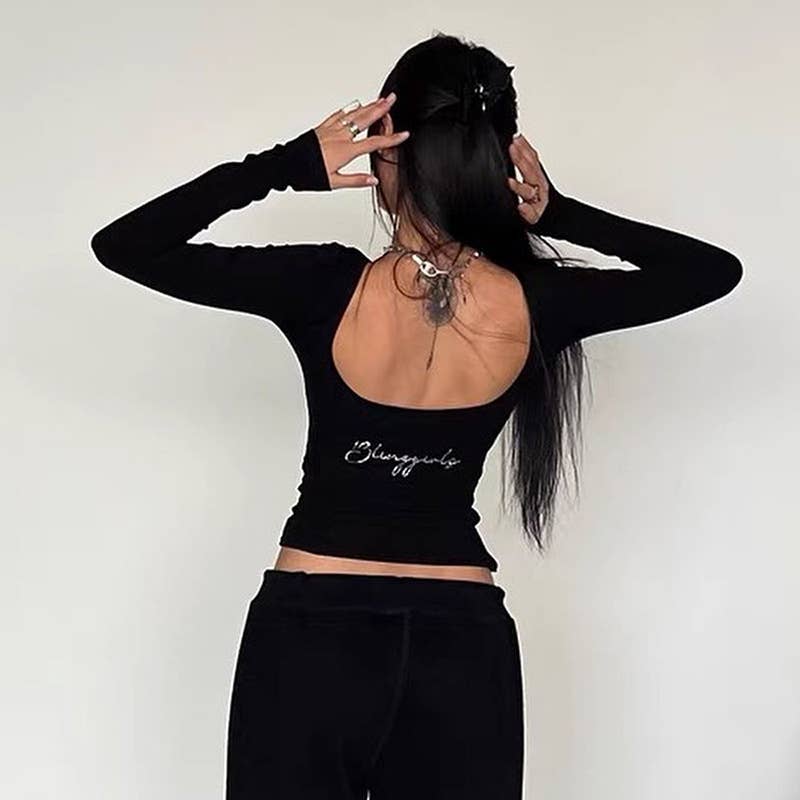 Square Collar Long Sleeve Slim-Fit T-Shirt