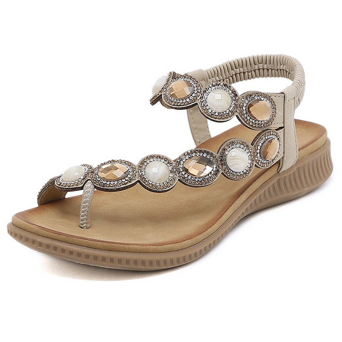 Women Bohemia Bling Rhinestone Pearl Flat Sandals