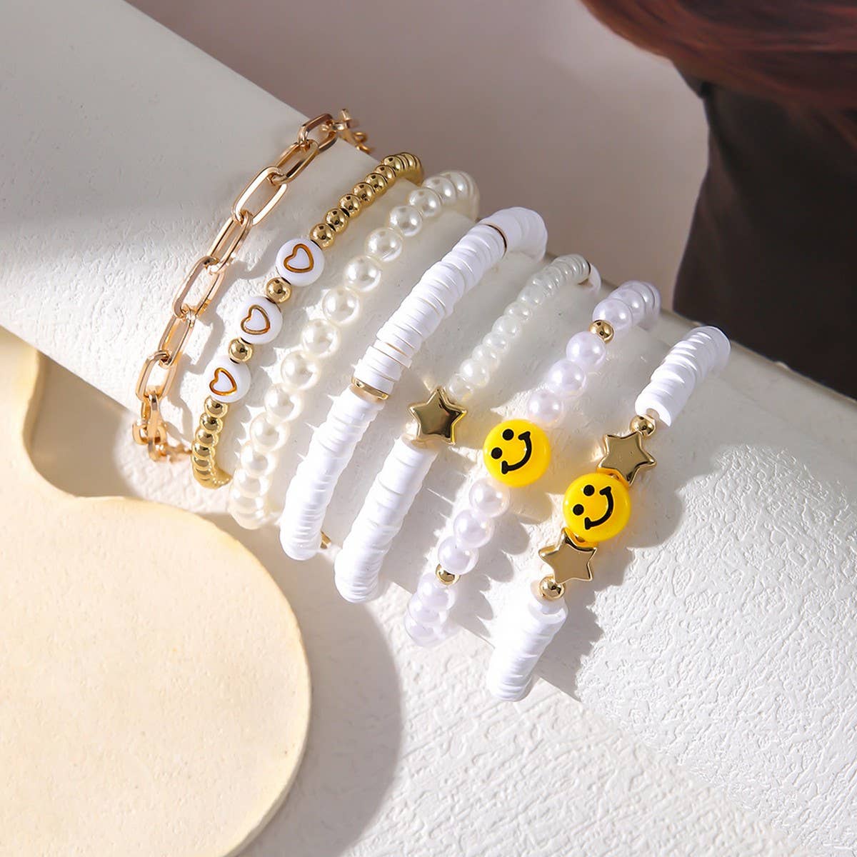 White Polymer Clay Star Smiley Face Bracelet Set_Cwmm3540