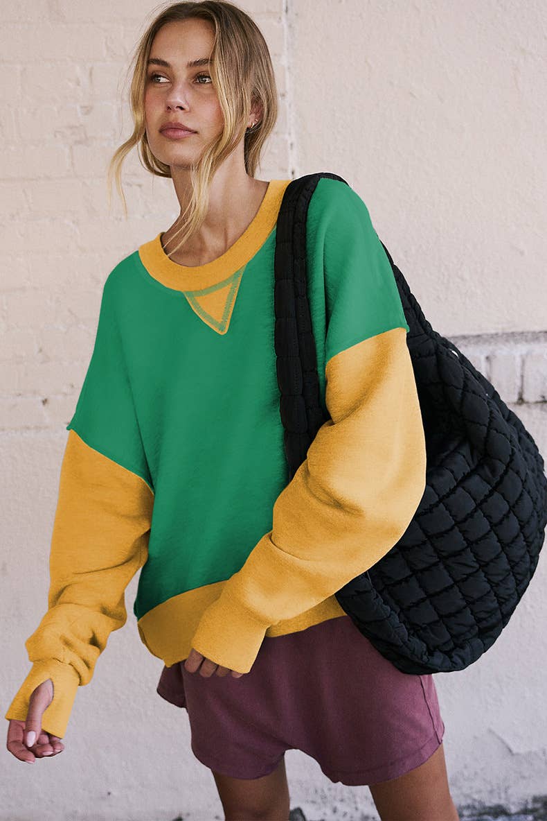 Two-Tone Round-Neck Loose Pullover Hoodie