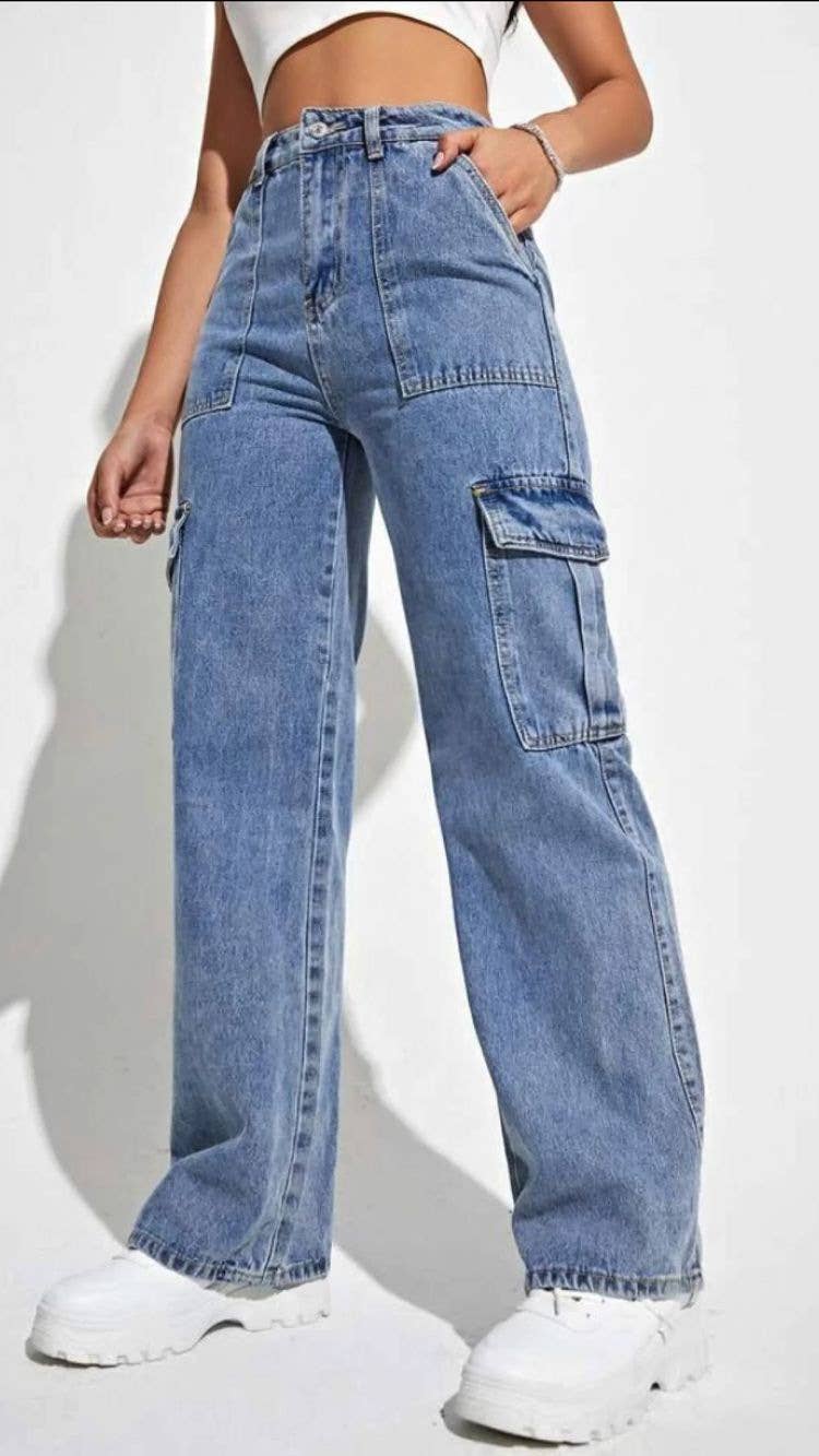 Womens Cargo Multi-Bag Straight-Leg Denim Pants