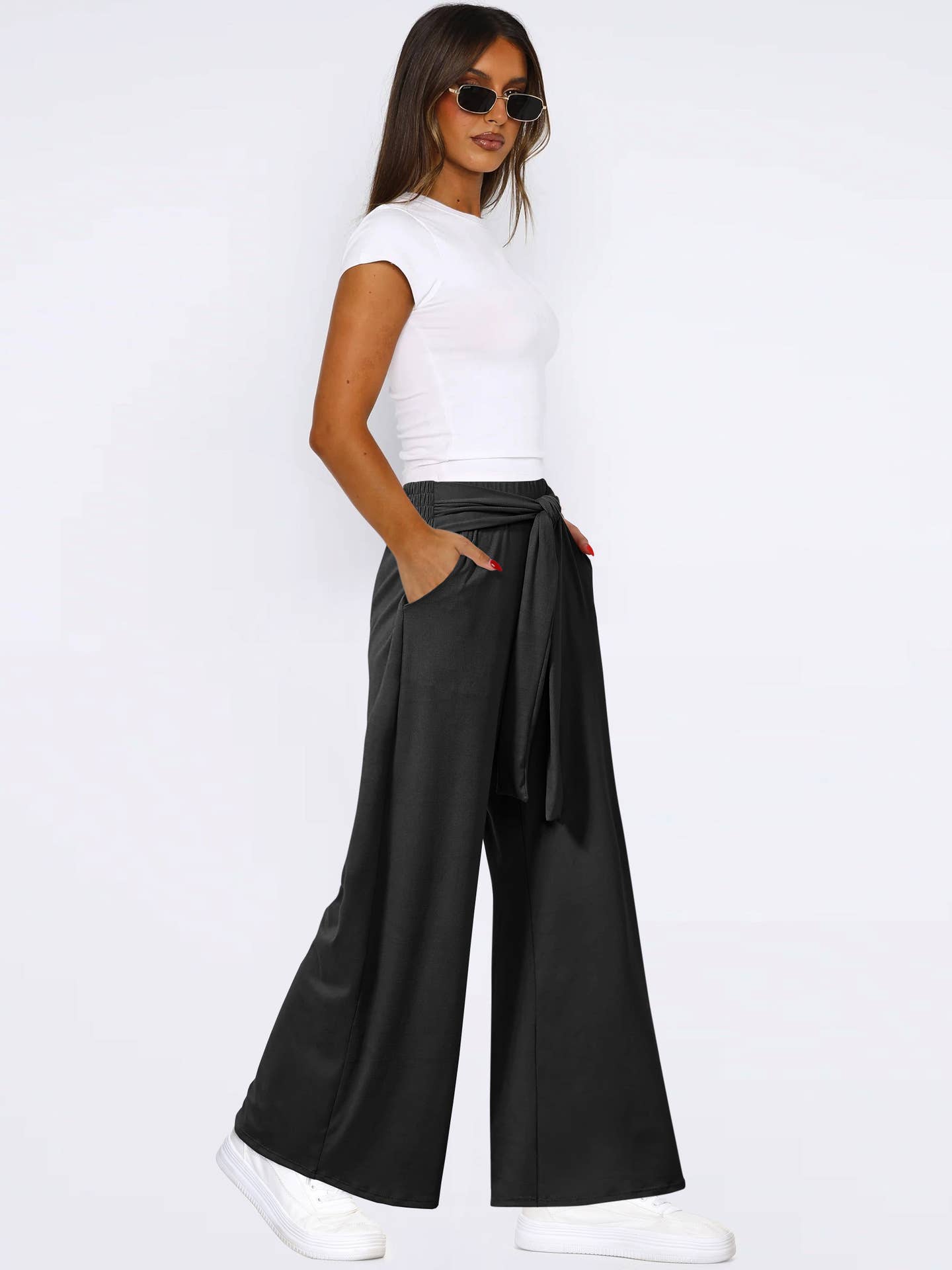 Solid Color Sag All-In-One Lace-Up Wide-Leg Pants