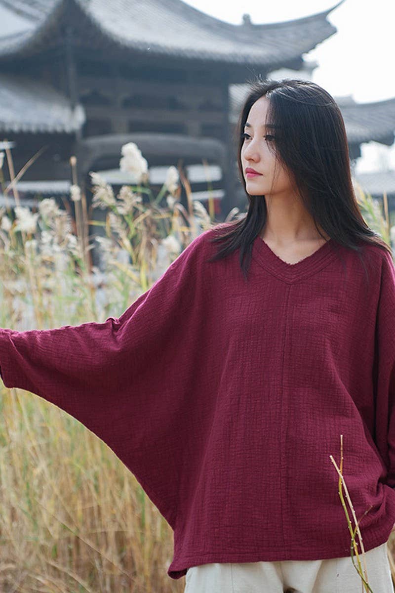 Cwtbll2463_Cotton And Linen Pullover V-Neck Bat T-Shirt