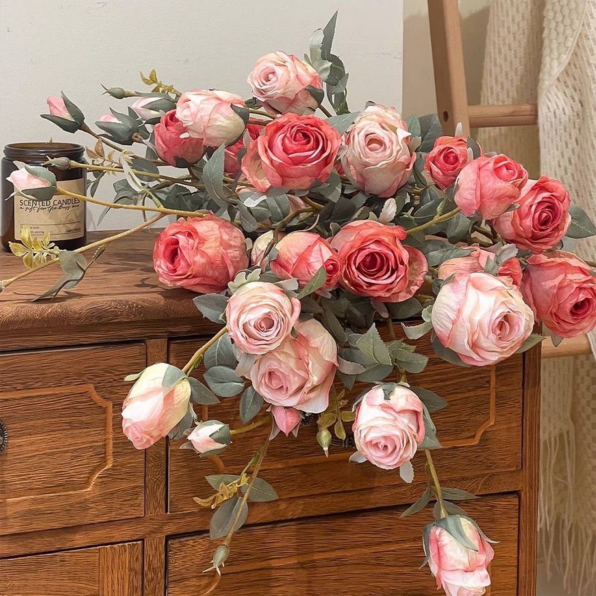 SINGLE STEM 4 HEAD COUNTRY STYLE BURNT EDGE ROSES_CWMM6473