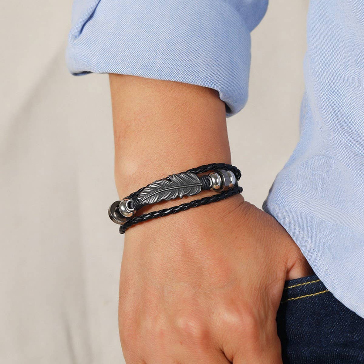 SIMPLE ALLOY FEATHER BEADED LEATHER BRACELET_CWMM4520