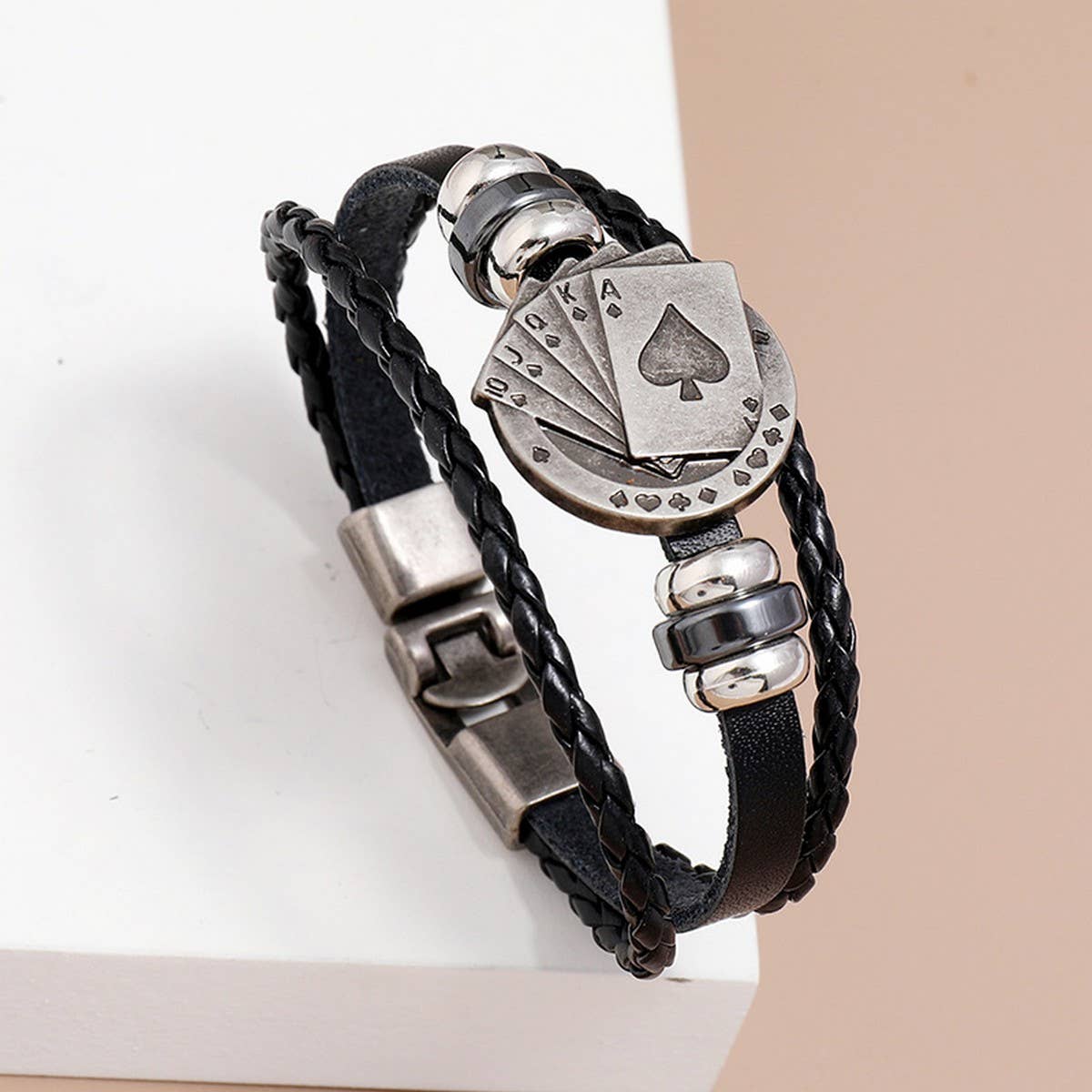 PERSONALIZED POKER BRAIDED LEATHER BRACELET_CWMM4510