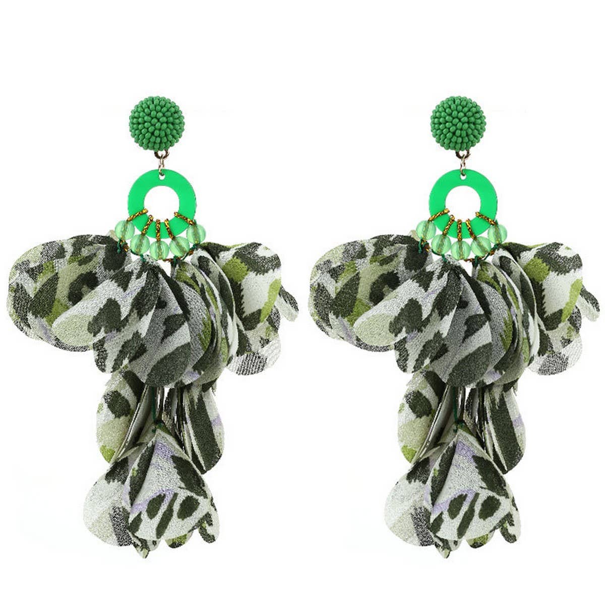 FABRIC FLOWER TASSEL EARRINGS WITH LEOPARD PRINT_CWMM6265