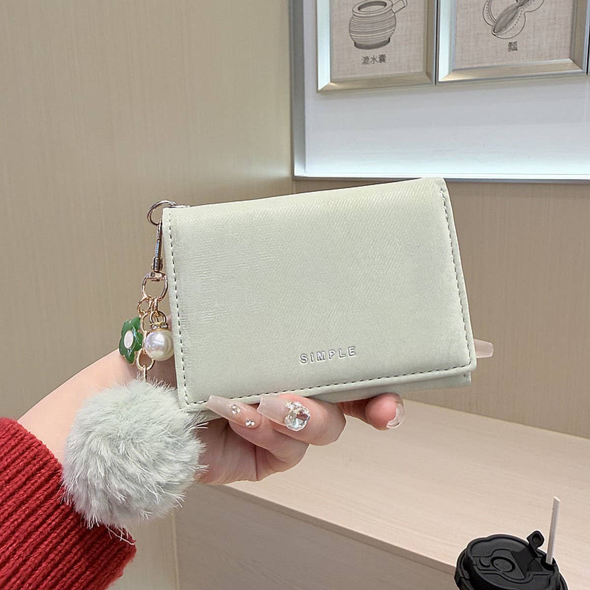 Velvet Mini Trifold Wallet With Pom Pom Charm_Cwab06225