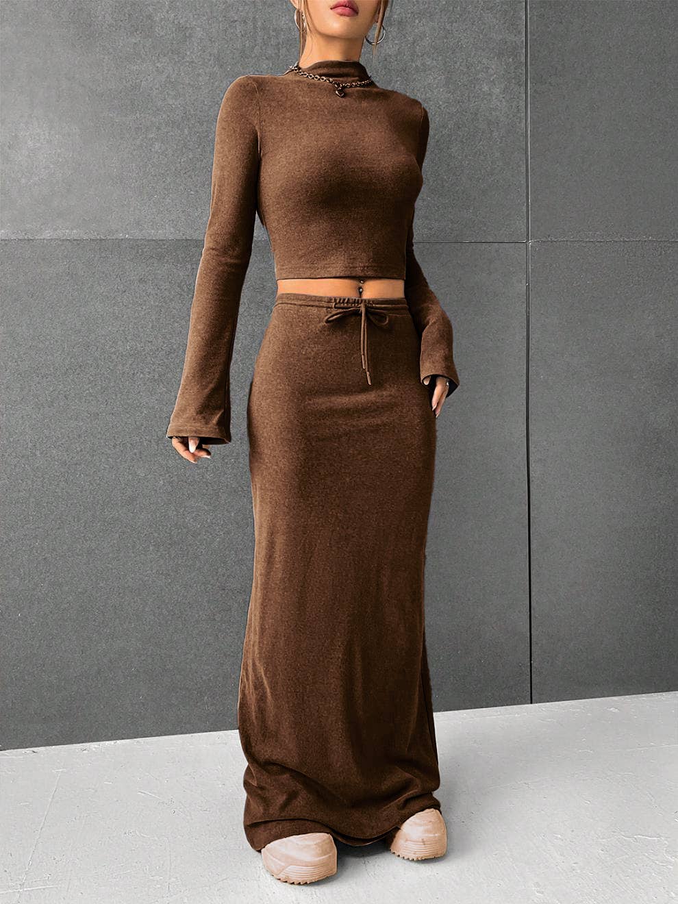 Solid Color Pants Long-Sleeved Top Two-Piece Set