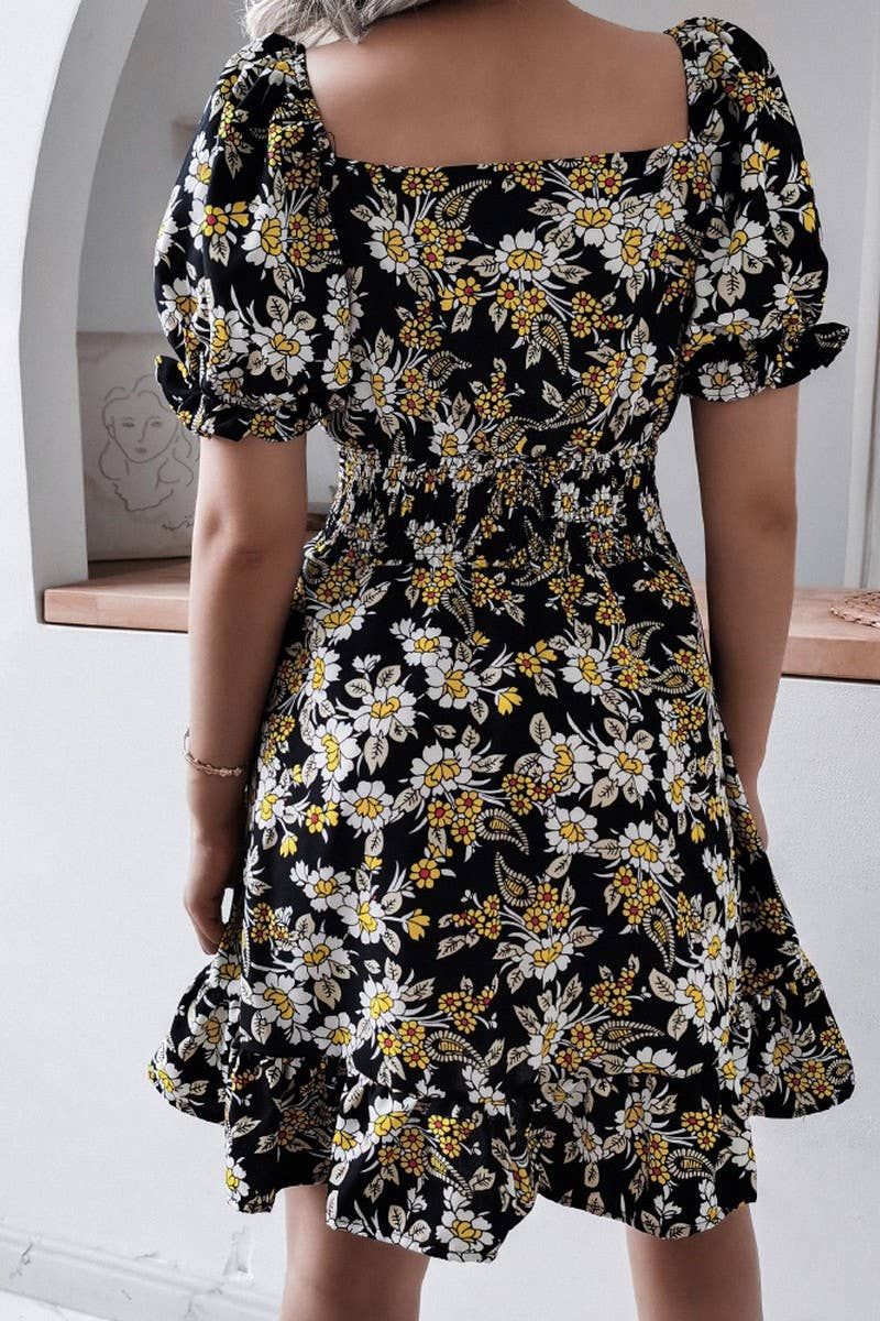 Square Collar Lantern Sleeve Floral Flouncy Dress_Cwdsd2500