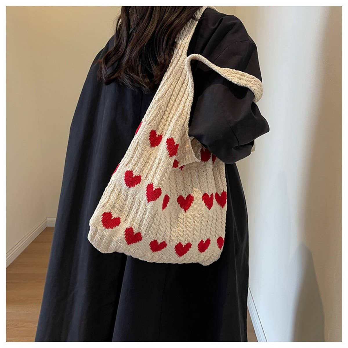 Cwab4569_Heart Pattern Knitted Large Capacity Tote Bag