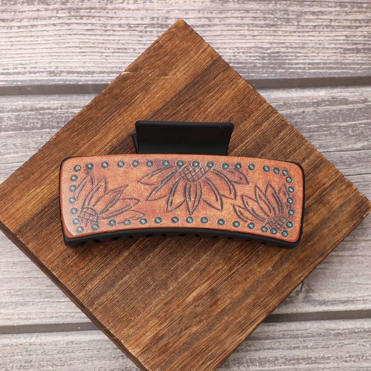 Leather Sunflower Pattern Western Hair Claw Clips_Cwasc1622