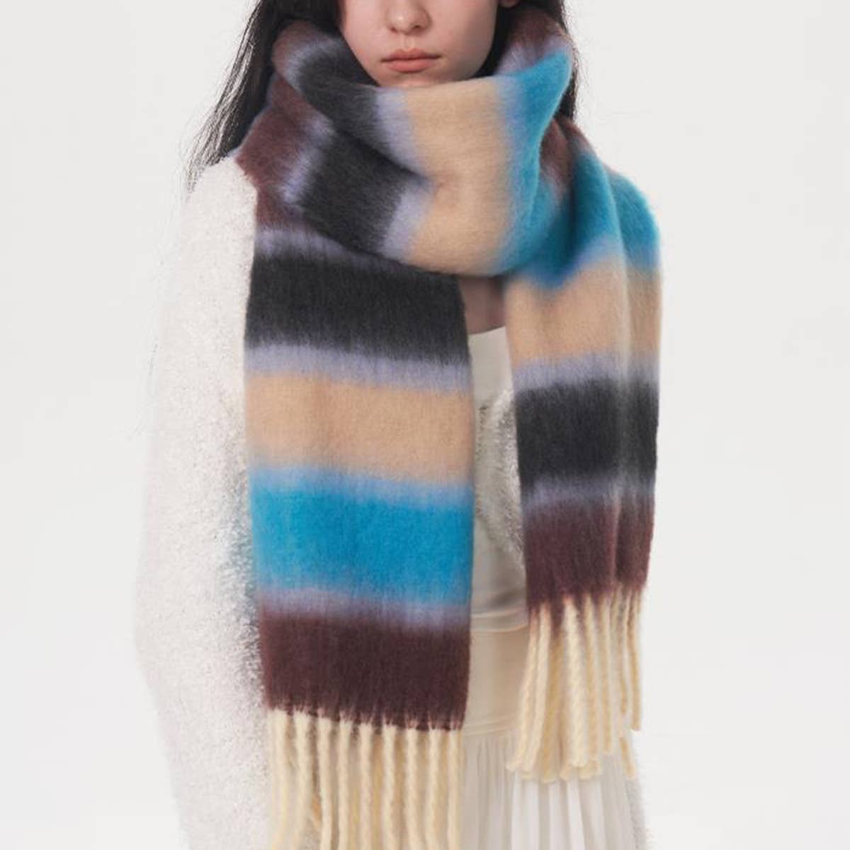 Women Contrasting Striped Fringed Plaid Scarf