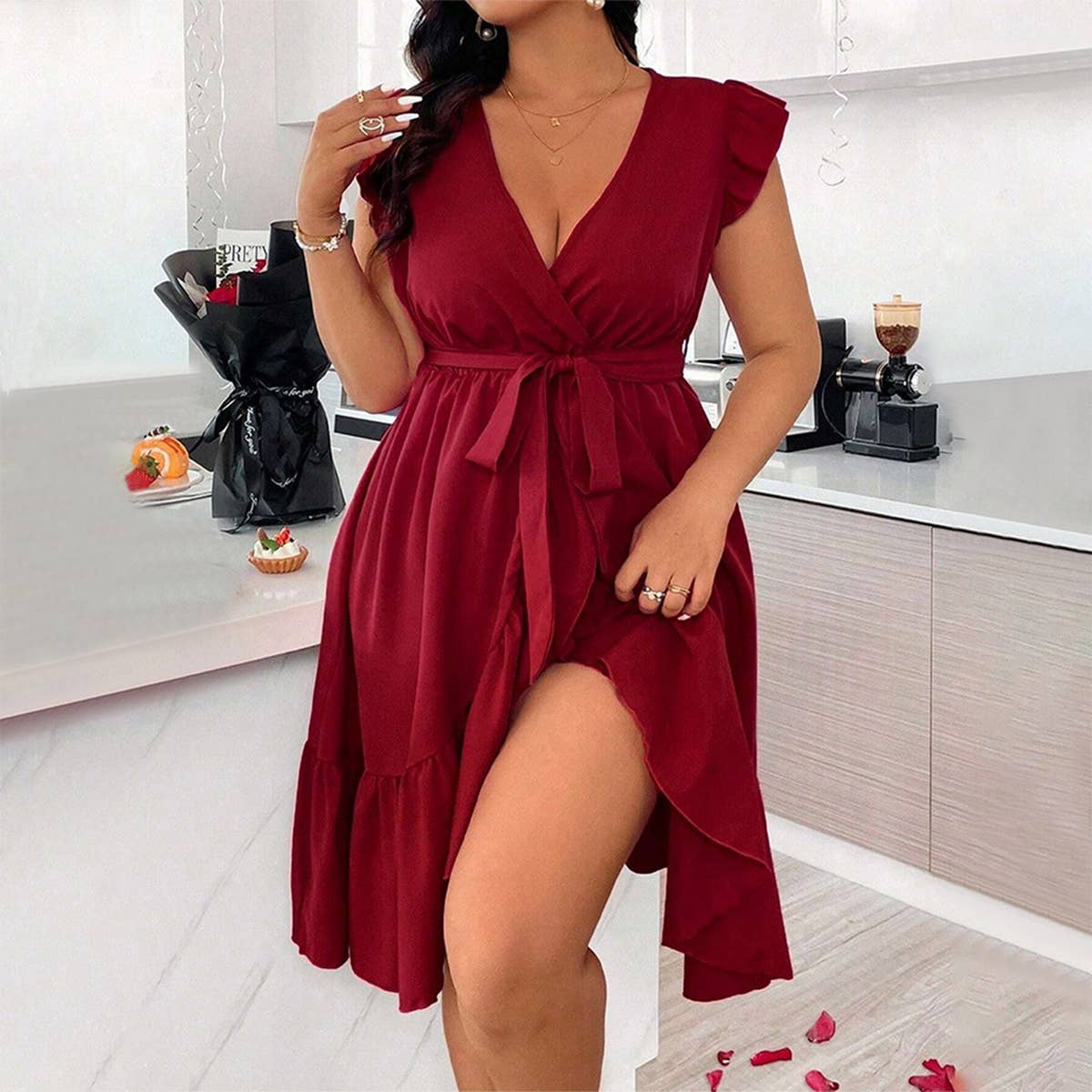 V-Neck Solid Color Tie Waist Ruffle Sleeve Dress_Cwdmd6055