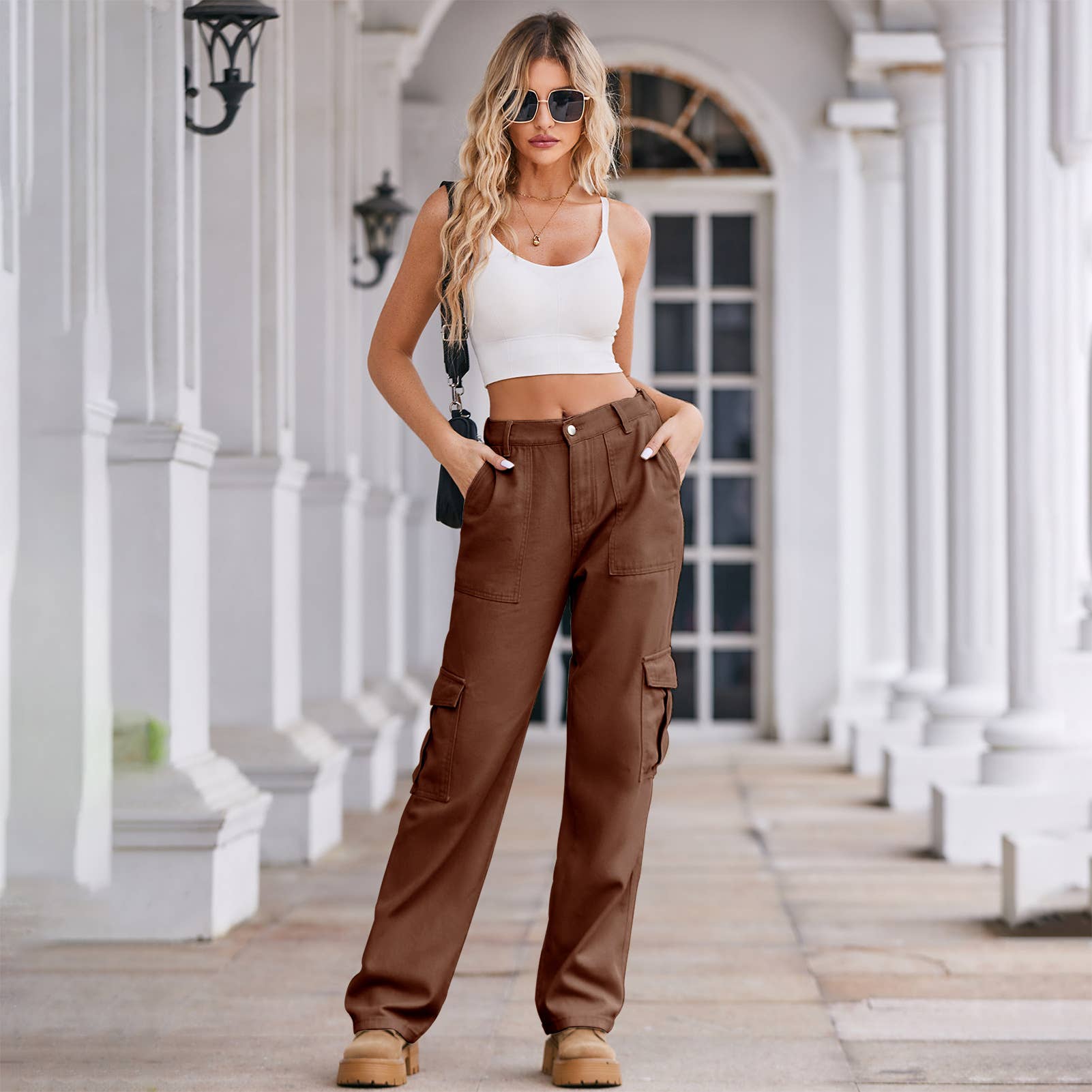 Washed Semi-Elastic-Waisted Denim Cargo Pants