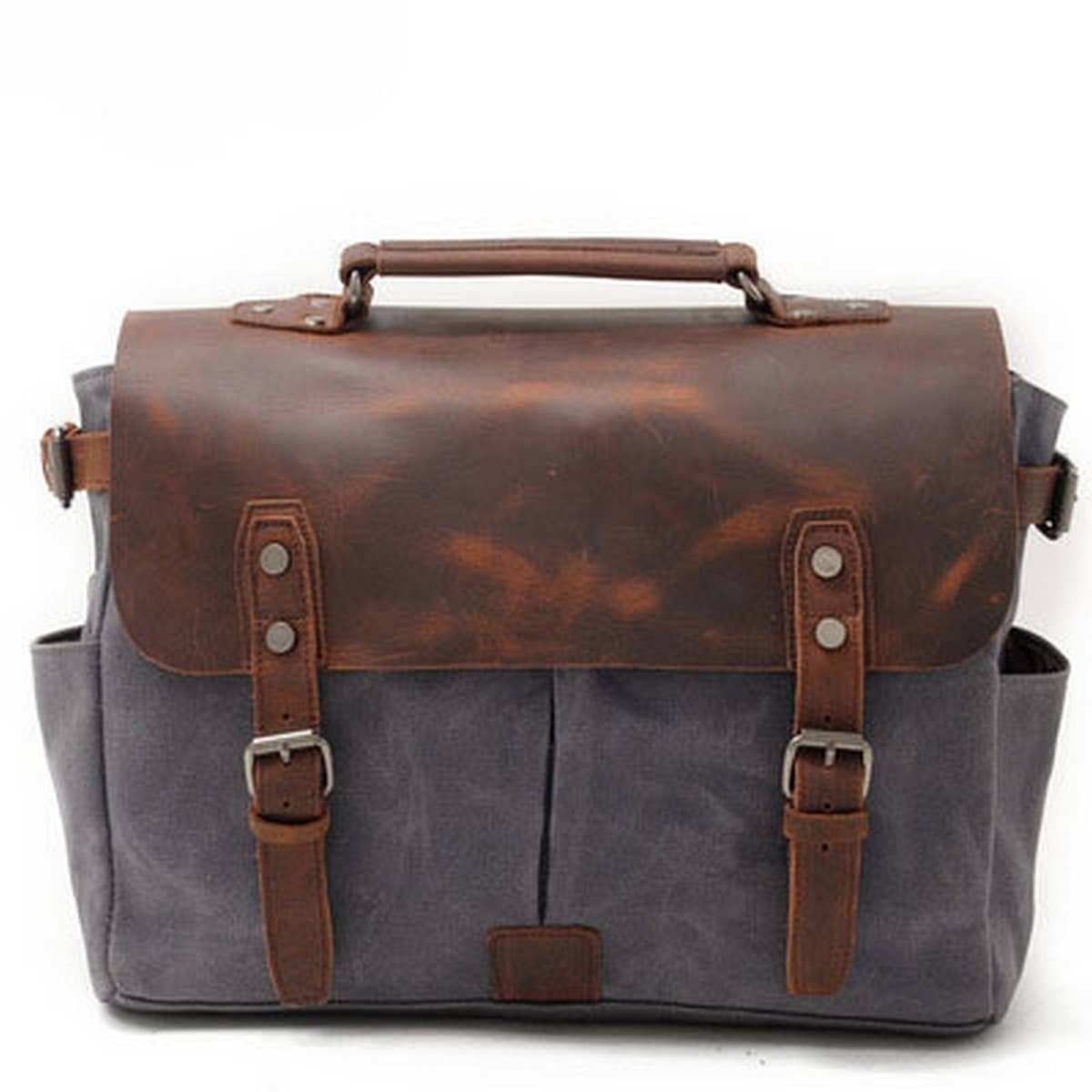 MENS RETRO WAXED CANVAS LEATHER MESSENGER BAG_CWAB5559