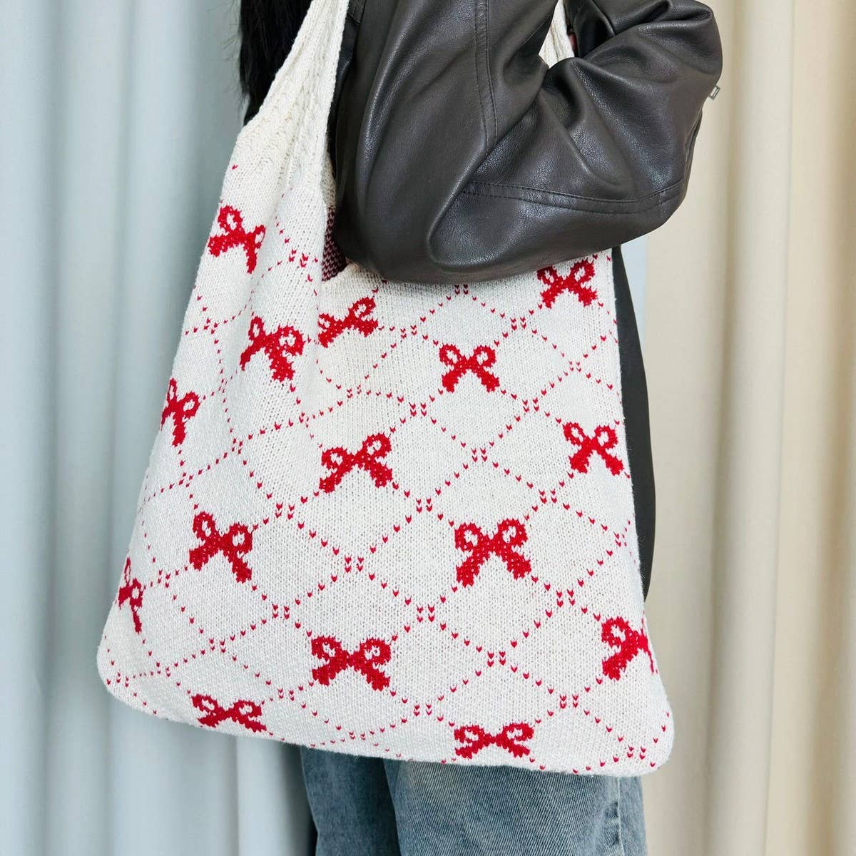 Cwab4567_Bow Knit Large Capacity Tote Bag