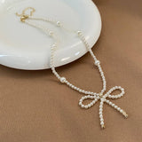 Womens Pearl Beaded Vintage Bow Necklace
