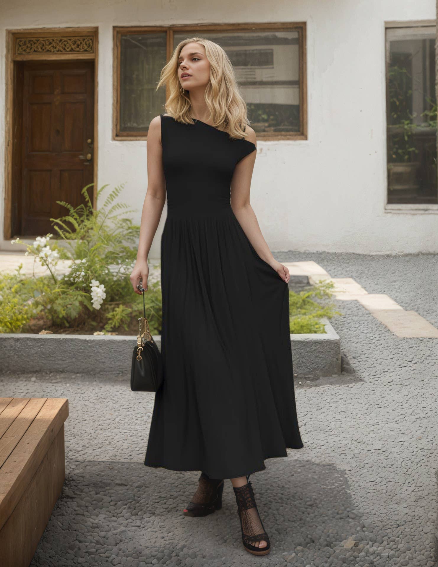 Womens One-Shoulder Pocketed Sleeveless Dress