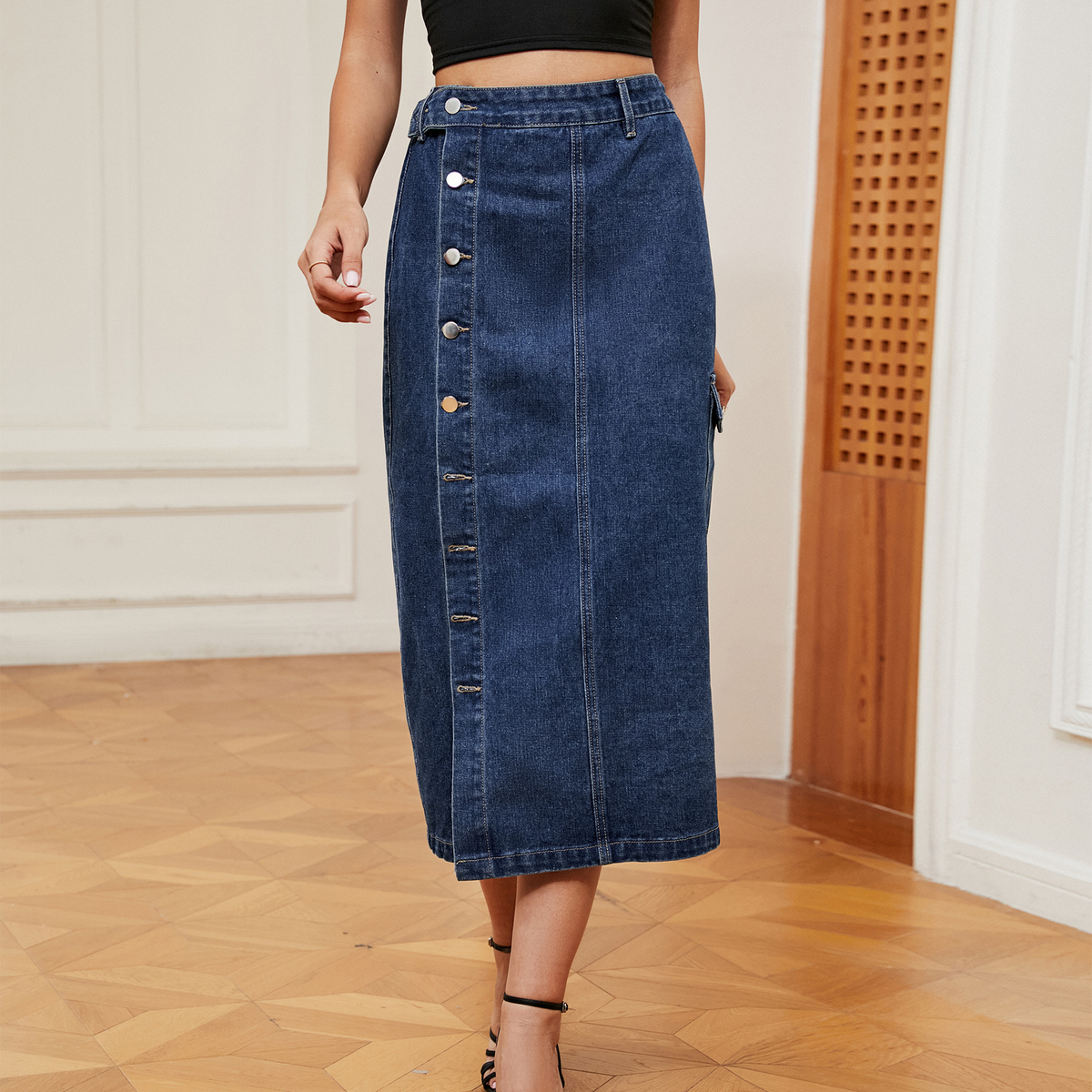 Trendy Denim Cargo Skirt Women Elastic Waist_Cwjsk0195
