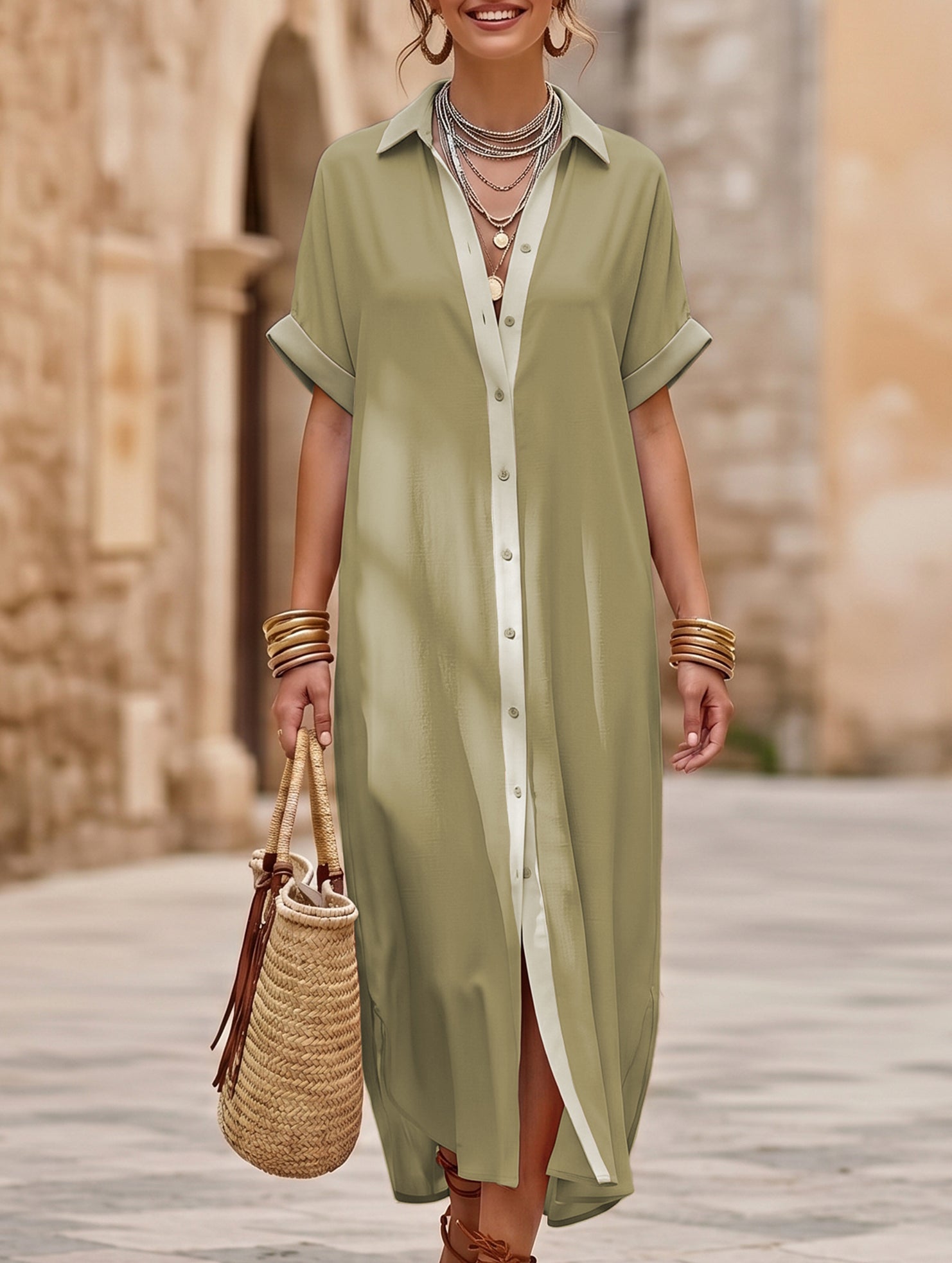 Casual Solid Buttoned Midi Dress_CWDMD02911