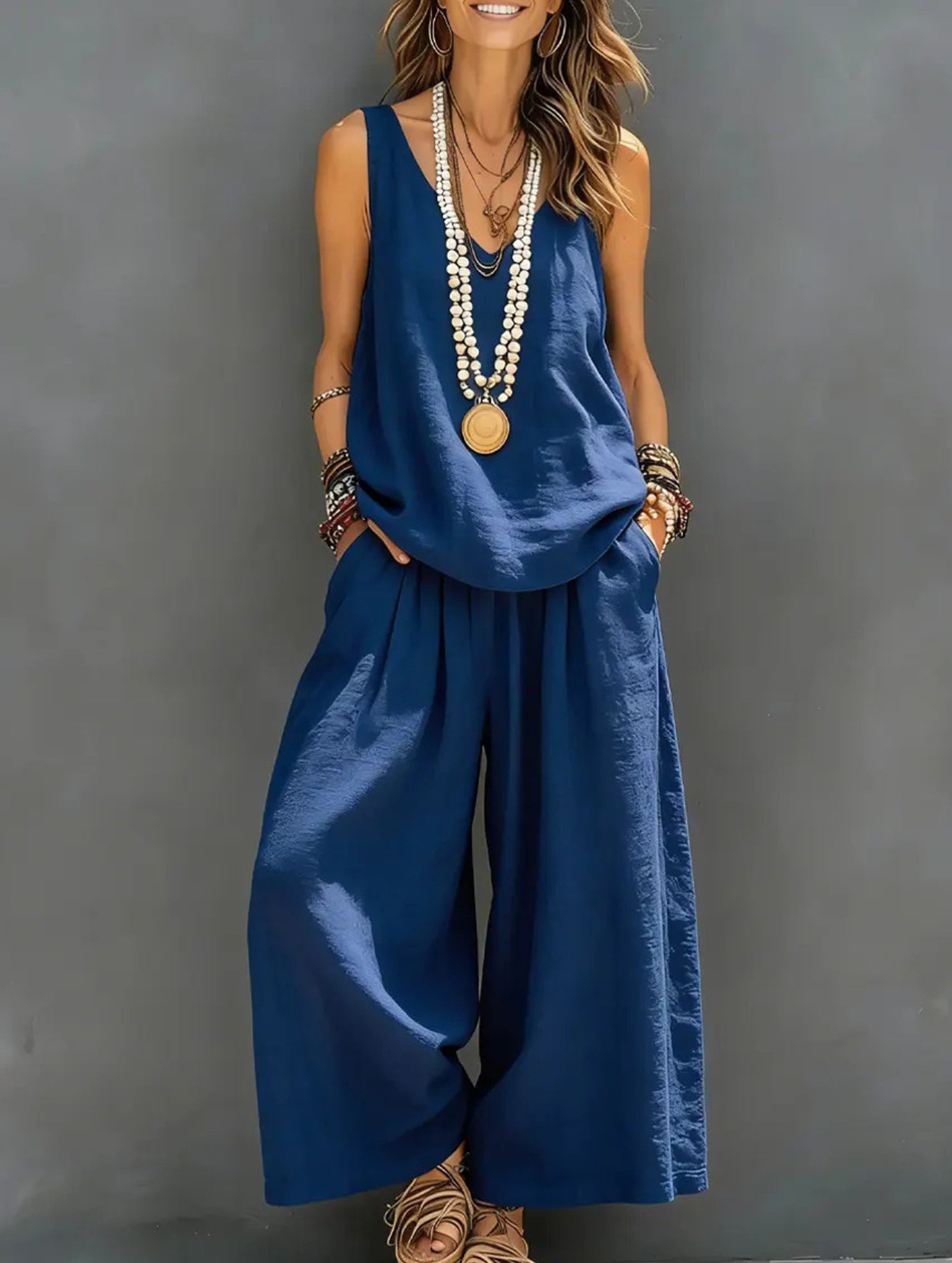 V Neck Sleeveless Two Piece Set_CWSS01493