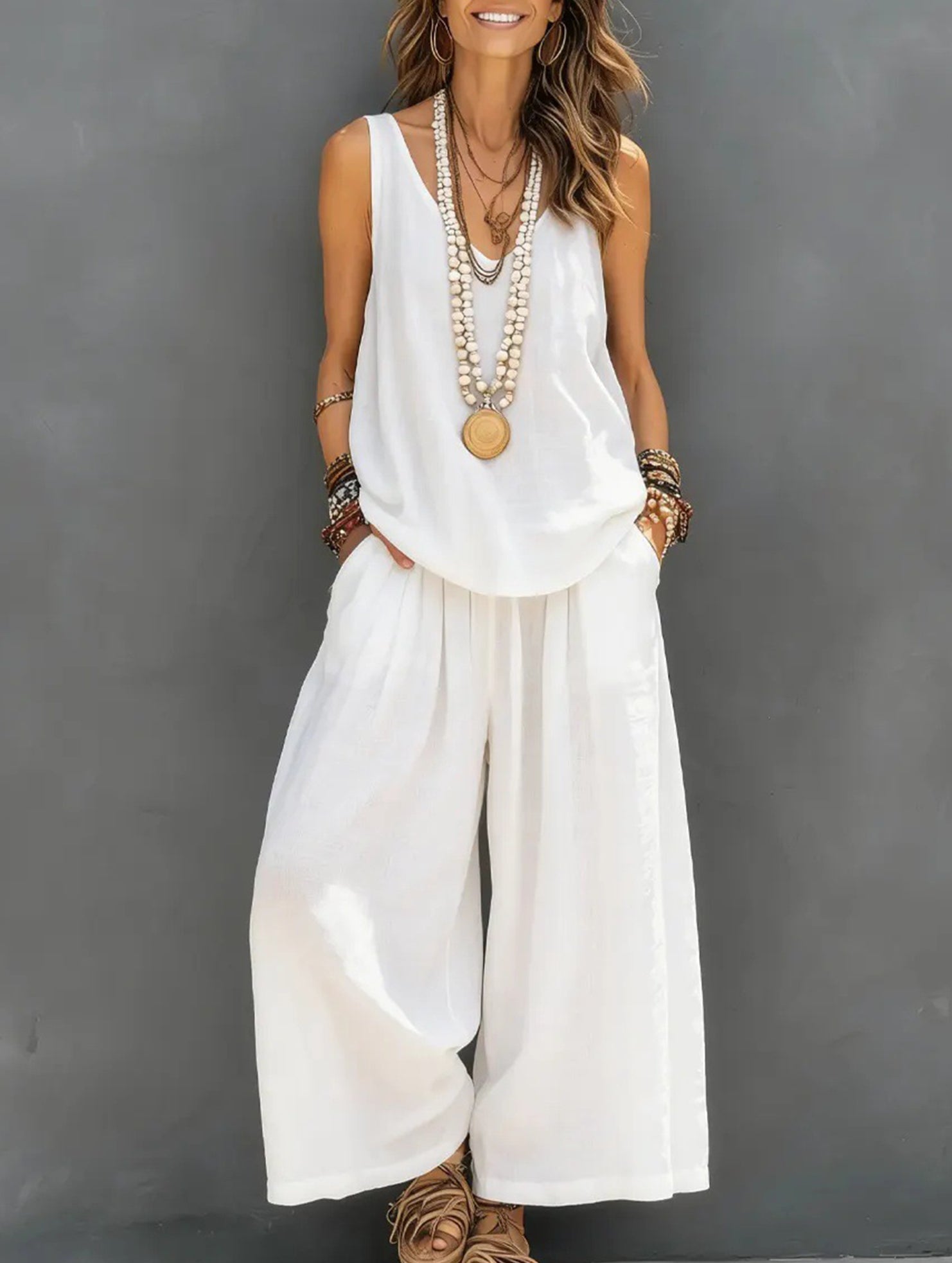 V Neck Sleeveless Two Piece Set_CWSS01493