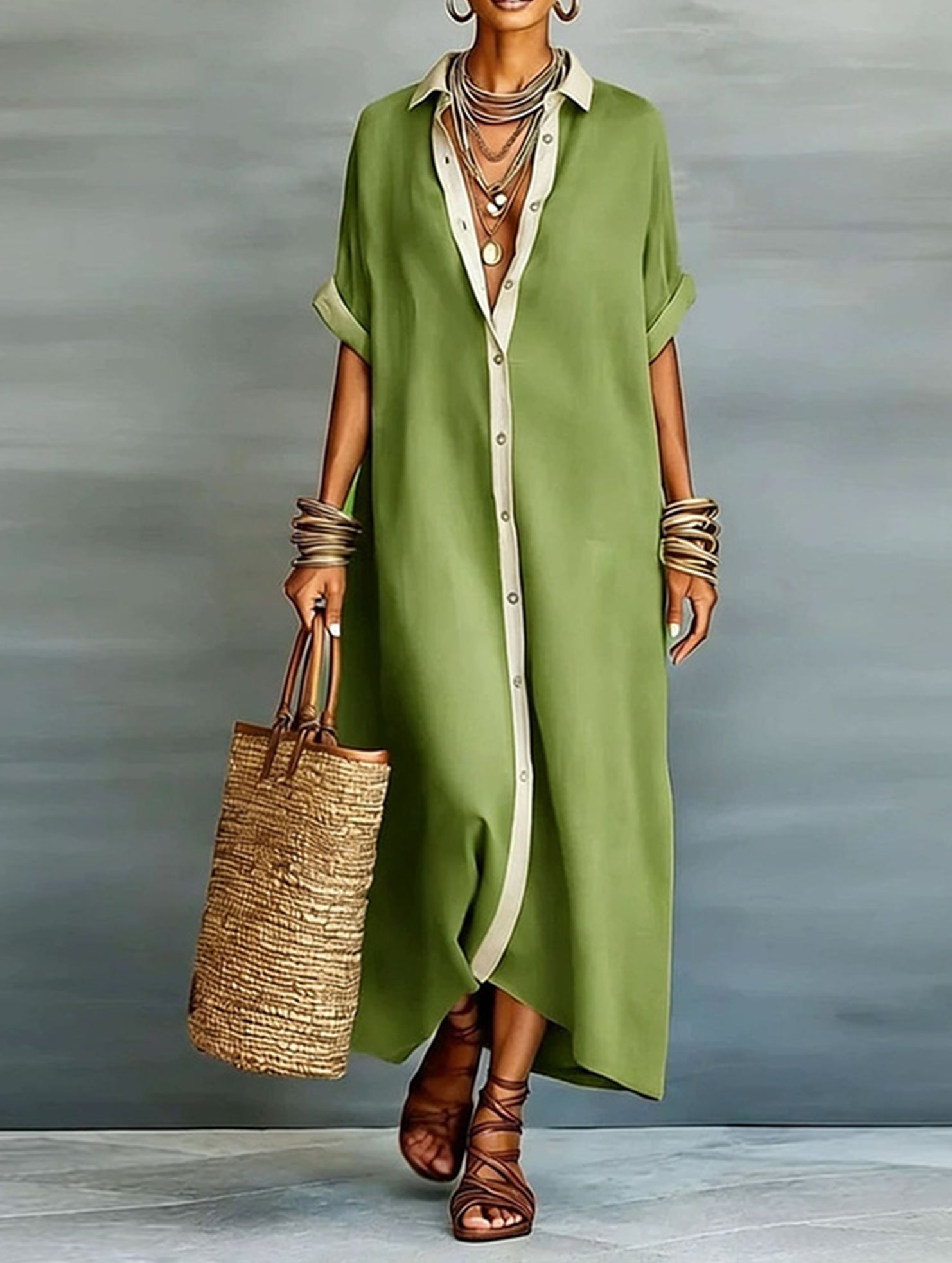 Casual Solid Buttoned Midi Dress_CWDMD02911