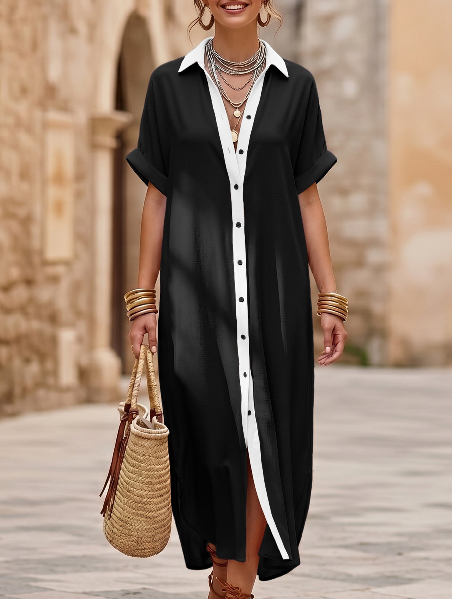 Casual Solid Buttoned Midi Dress_CWDMD02911 - PINK (S) 1