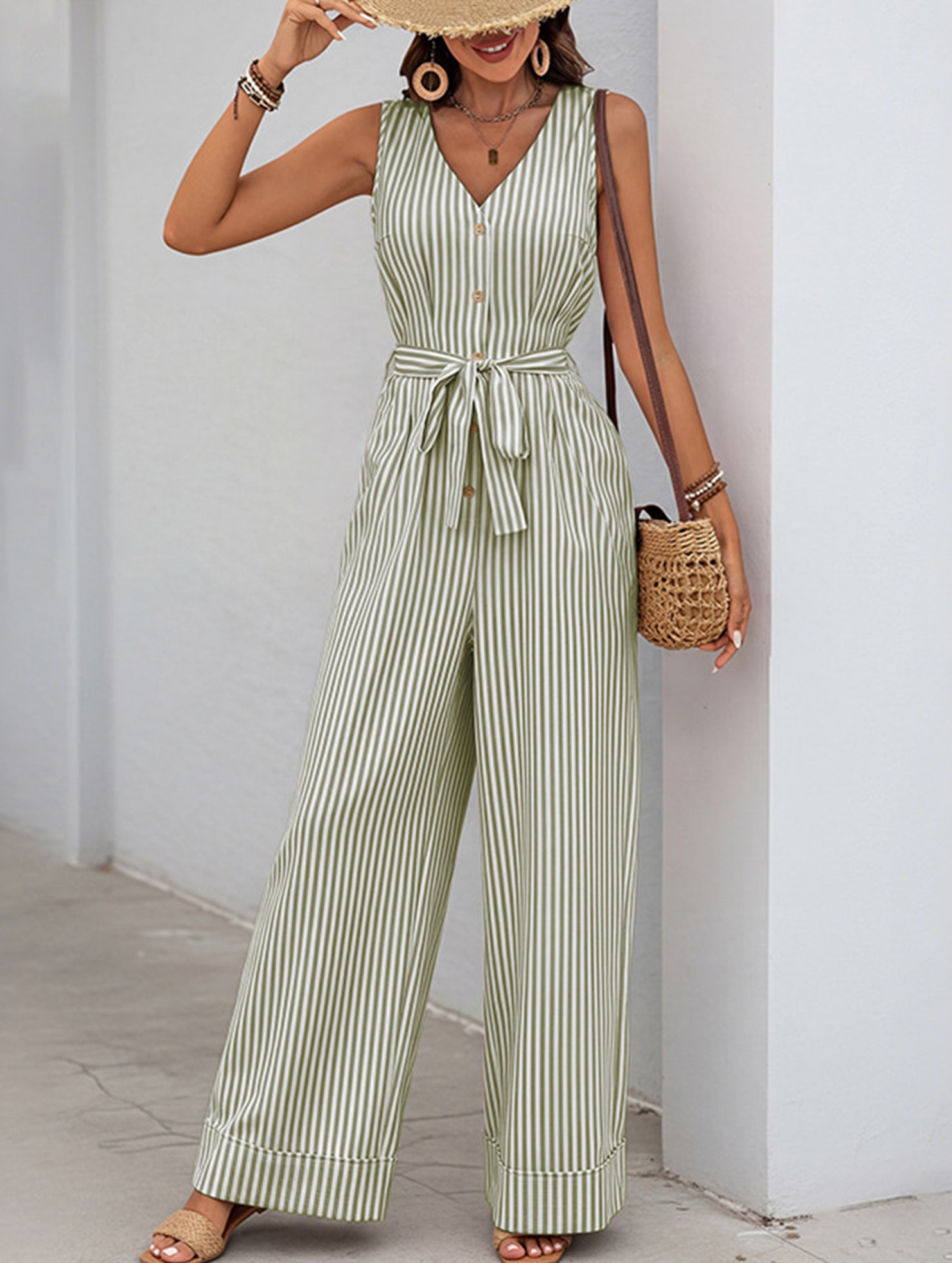 Stripe V Neck Tie Jumpsuit_CWSJS00540