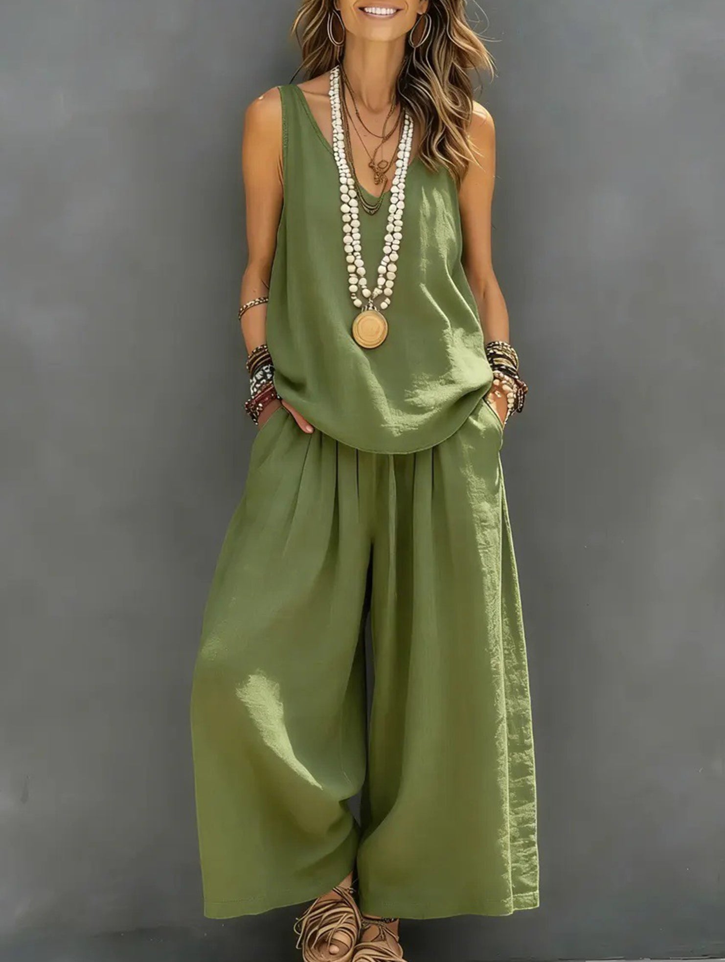 V Neck Sleeveless Two Piece Set_CWSS01493