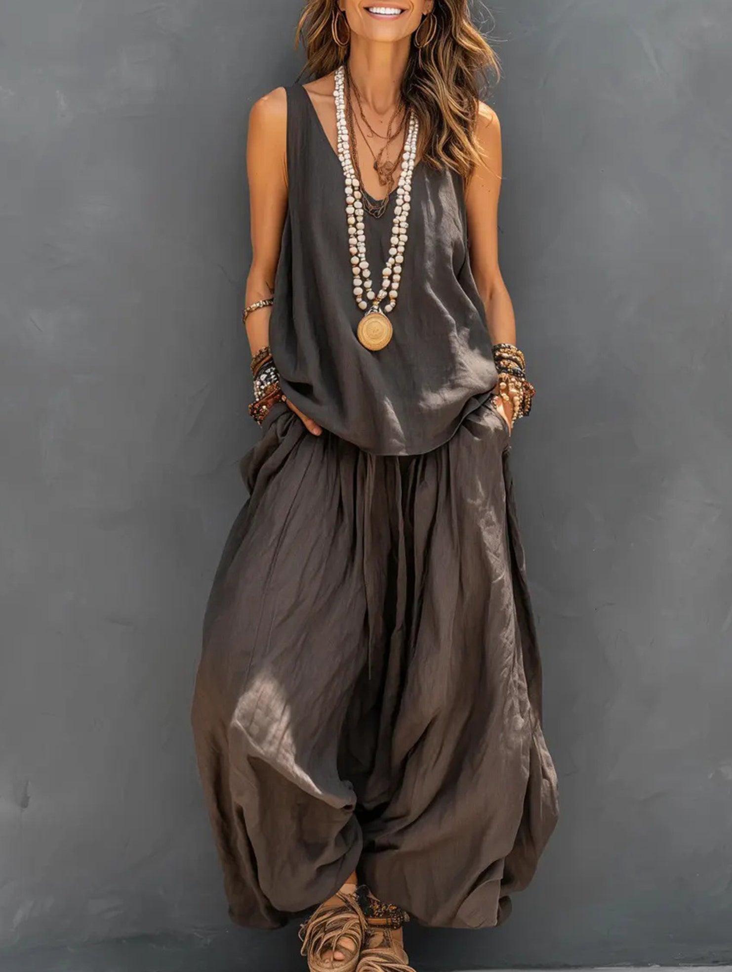 V Neck Sleeveless Two Piece Set_CWSS01493