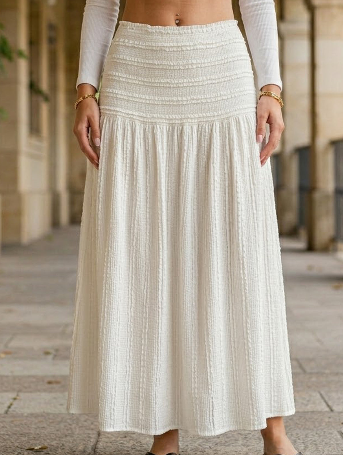 Solid A Line Midi Skirt_CWBLS00922 - BEIGE (S) 1