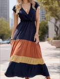 COLOR-CODED SHORT-SLEEVED V-NECK LONG-WAIST DRESS