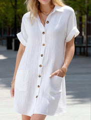 Simple V-Neck Button-Up Dress ??Casual Elegant Summer Dress for Women