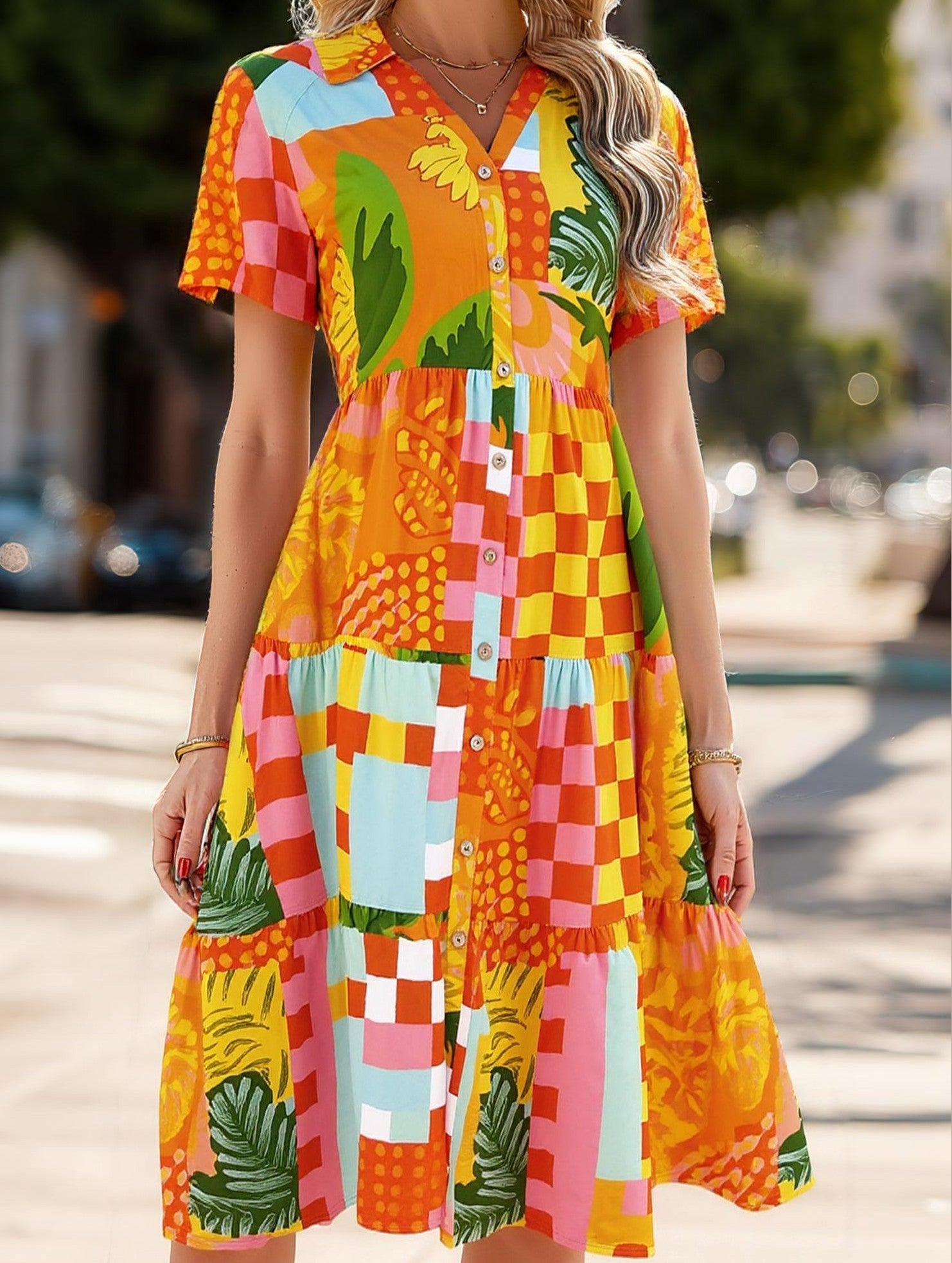 Bohemian High-Waisted Colorblock Midi Dress – Casual Viscose Lyocell Blend