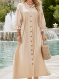 Vintage Buttoned Waist Solid Color Dress – Classic Elegance