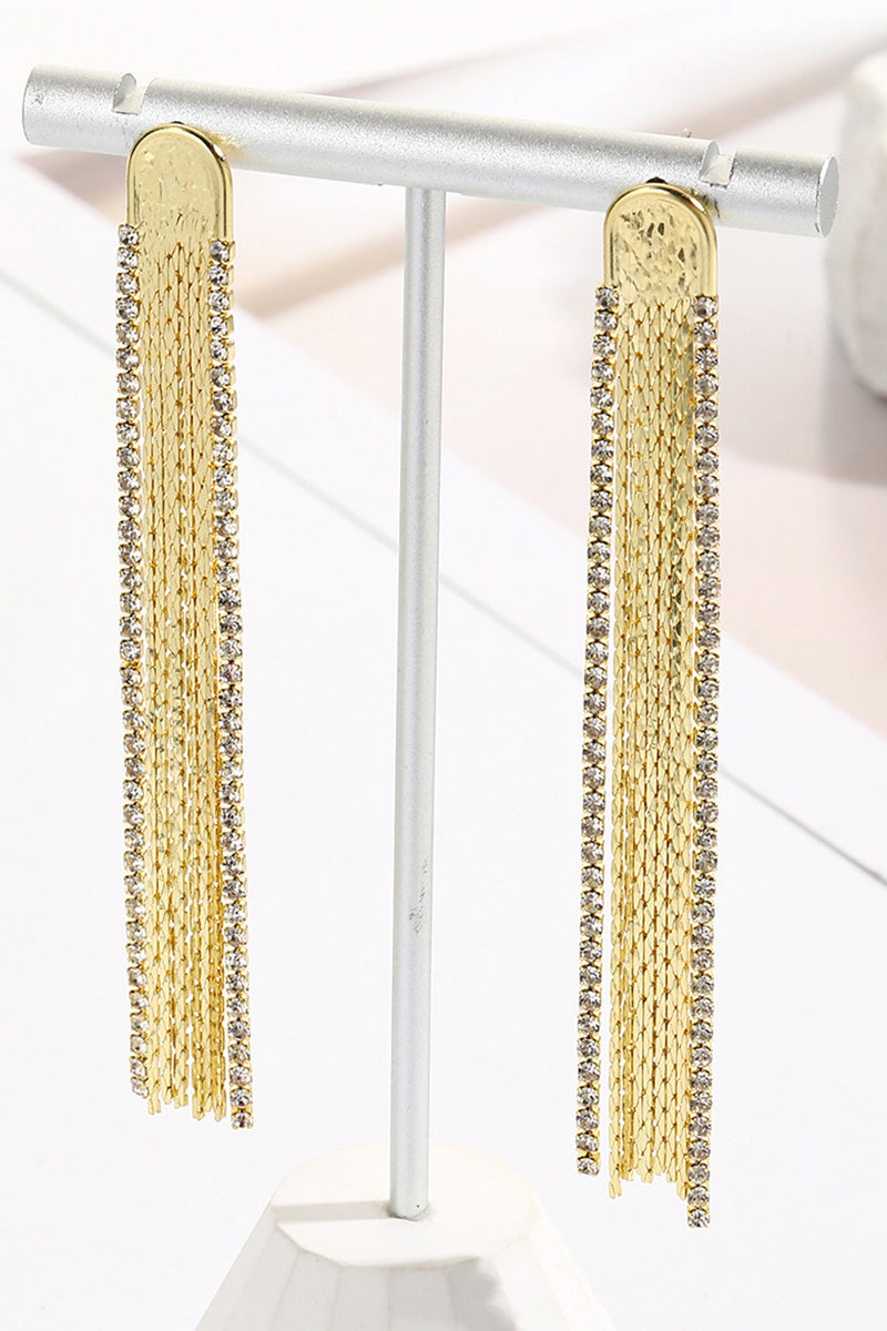 RHINESTONE DECOR METAL TASSEL DROP EARRINGS