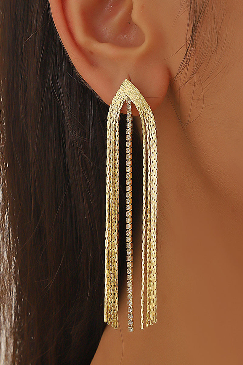 RHINESTONE DECOR METAL TASSEL DROP EARRINGS