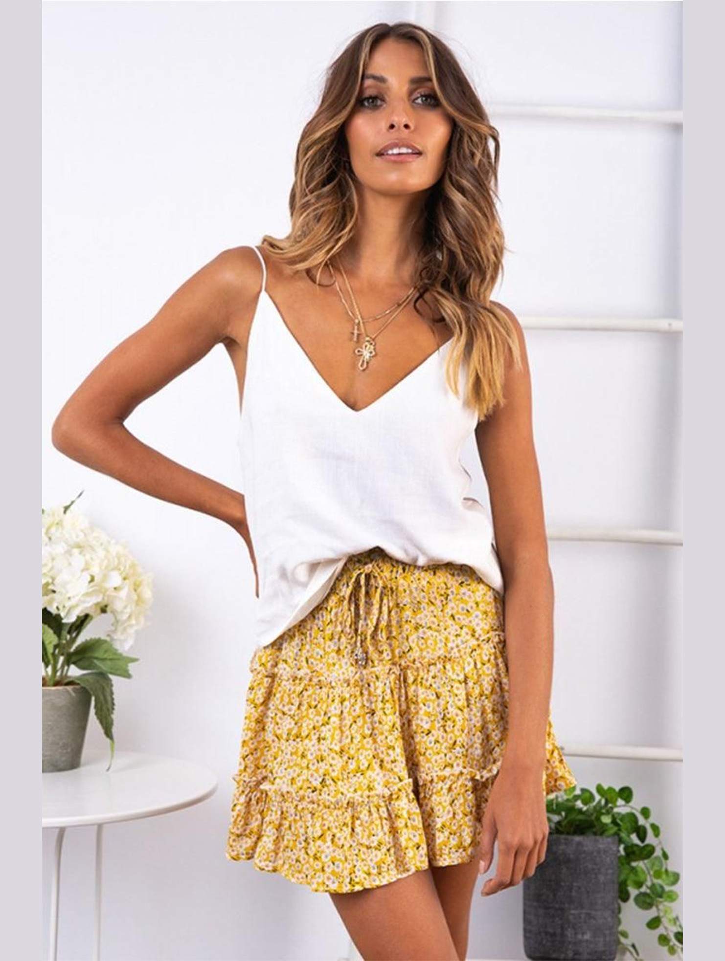 WOMEN HIGH WAISTED RUFFLED FLORAL A LINE SKIRT - Doublju