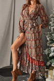 WOMEN V NECK BOHEMIAN PATTERN SLIT MAXI DRESS