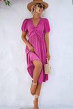KINK V NECK BALLOON SLEEVE RUFFLED MIDI DRESS - Doublju