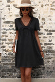 LACE POINT V NECK FLARE PUFF DRESS - Doublju