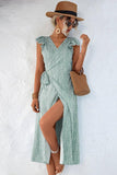 RUFFLED SHORT SLEEVE V NECK TIED WAIST WOMEN DRESS - Doublju