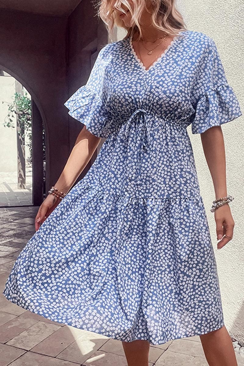 LACE TRIM V NECK EMPIRE WAIST FLORAL DRESS - Doublju