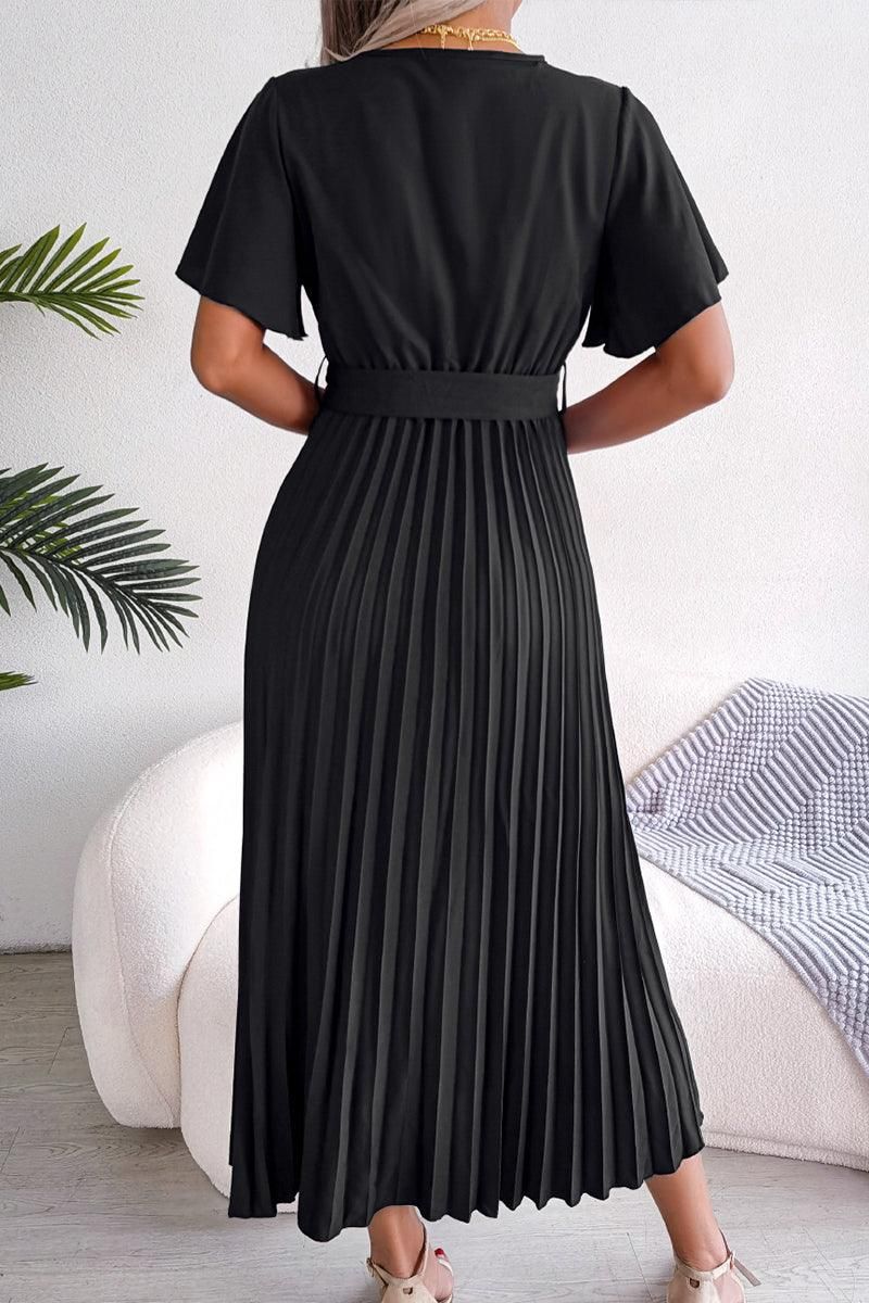 WOMEN CAPE SLEEVE TIED WAIST PLEATED LONG DRESS - Doublju