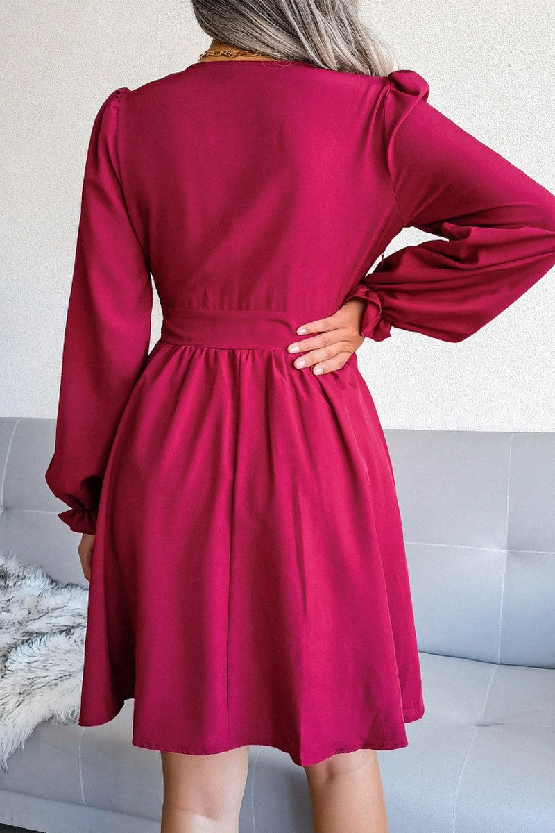 WOMEN EMPIRE SLIM WAIST SEXY V NECK RUFFLE DRESS